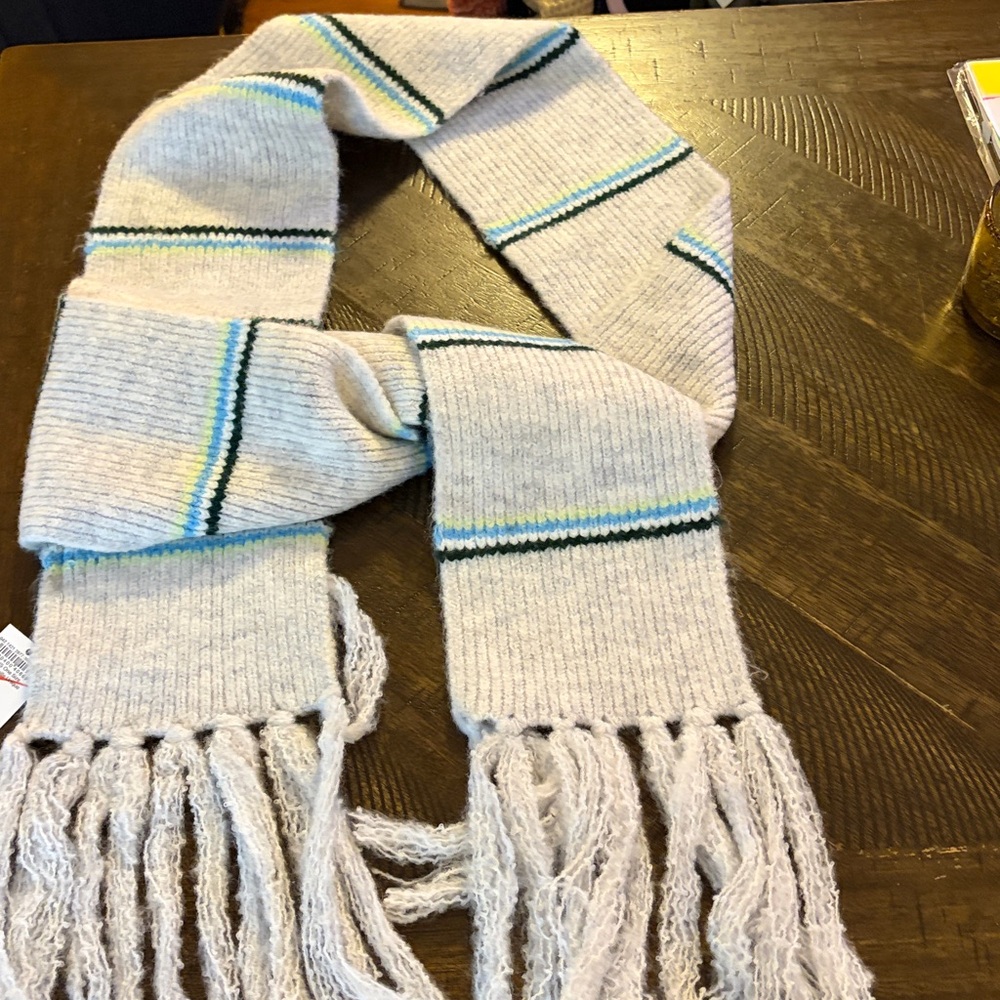 American Eagle NWT Gray Striped-light navy blue/white/green-Knit Scarf w/Fringe - Picture 4 of 5